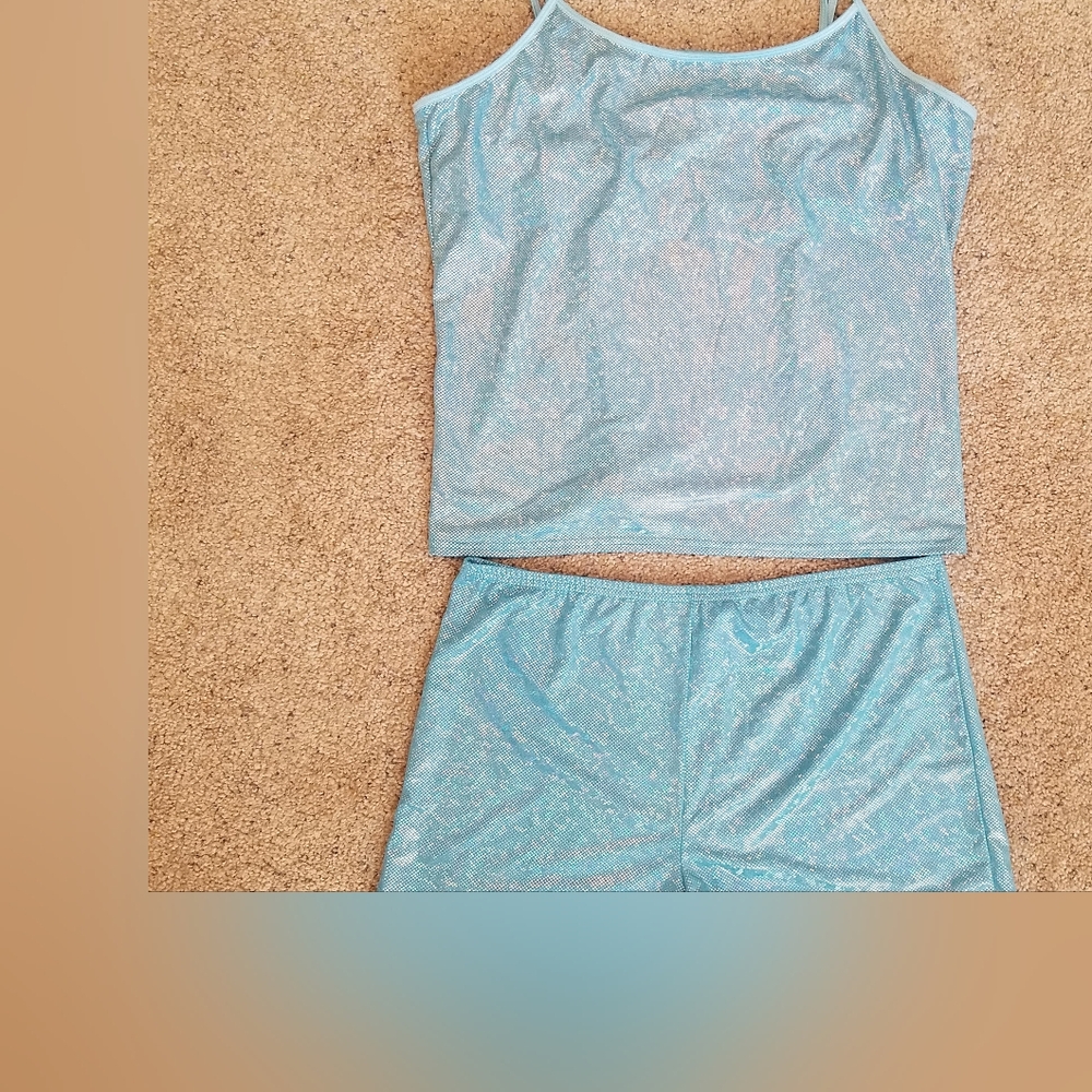 NWOT Sparkly Iridescent Baby Blue Tank Top Shorts Hot Pants Rave Set M 8 10 Jr L - Picture 3 of 10